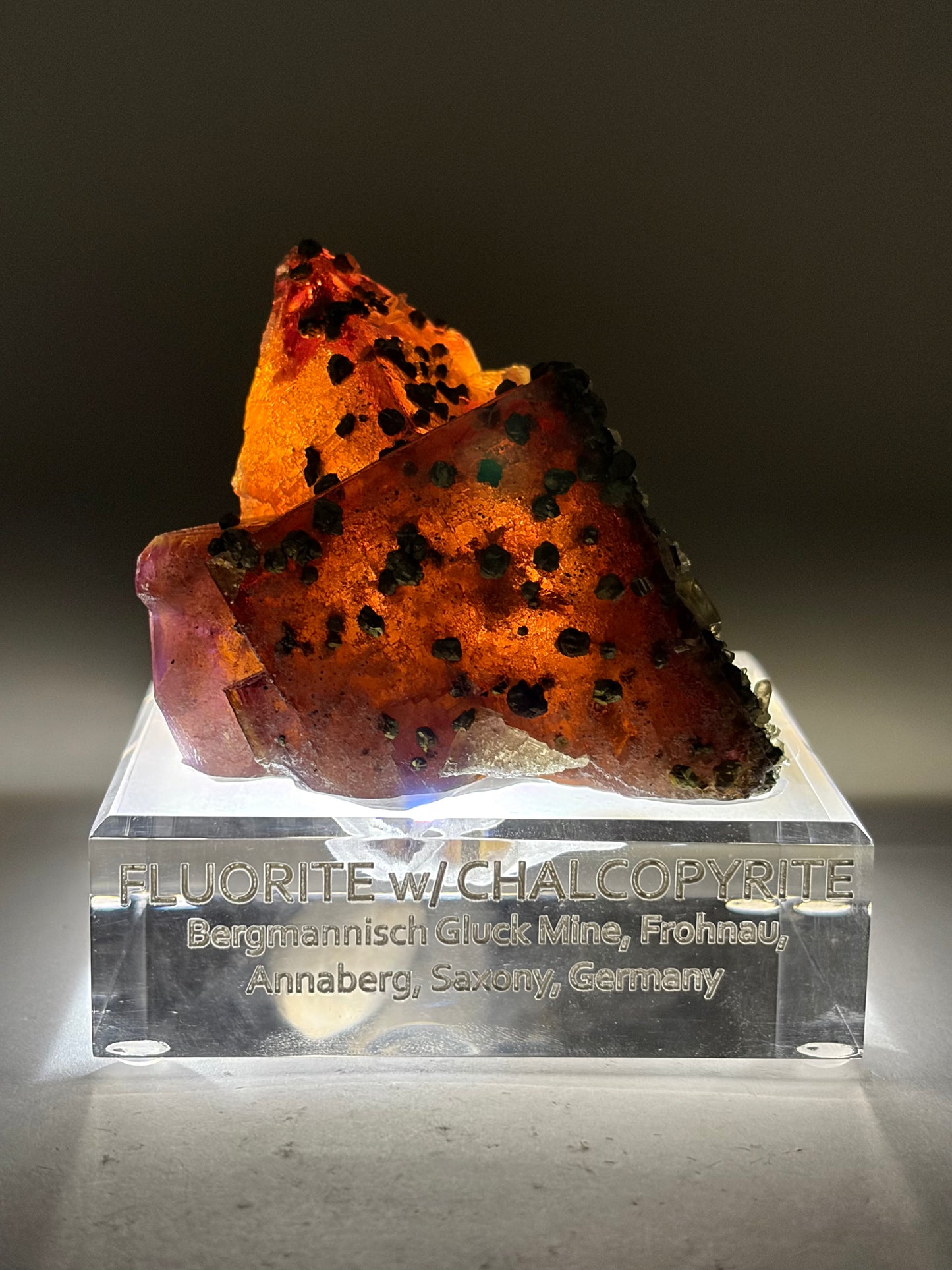 Fluorite w/ Chalcopyrite and Barite on Custom Stand