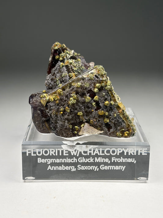 Fluorite w/ Chalcopyrite and Barite on Custom Stand