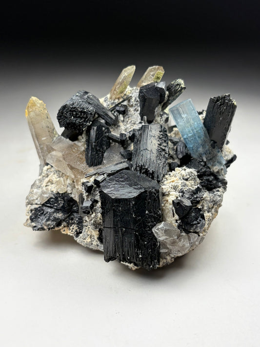 Aquamarine w/ Black Tourmaline & Smoky Quartz