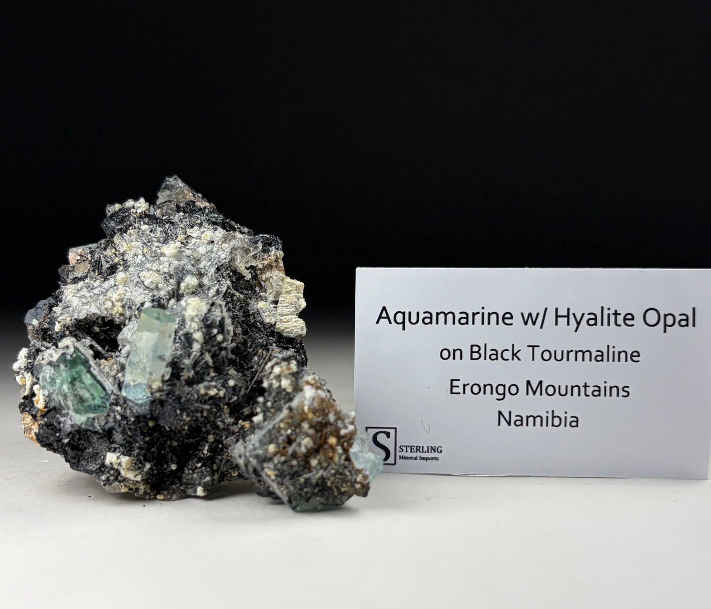 Aquamarine w/ Hyalite Opal on Black Tourmaline