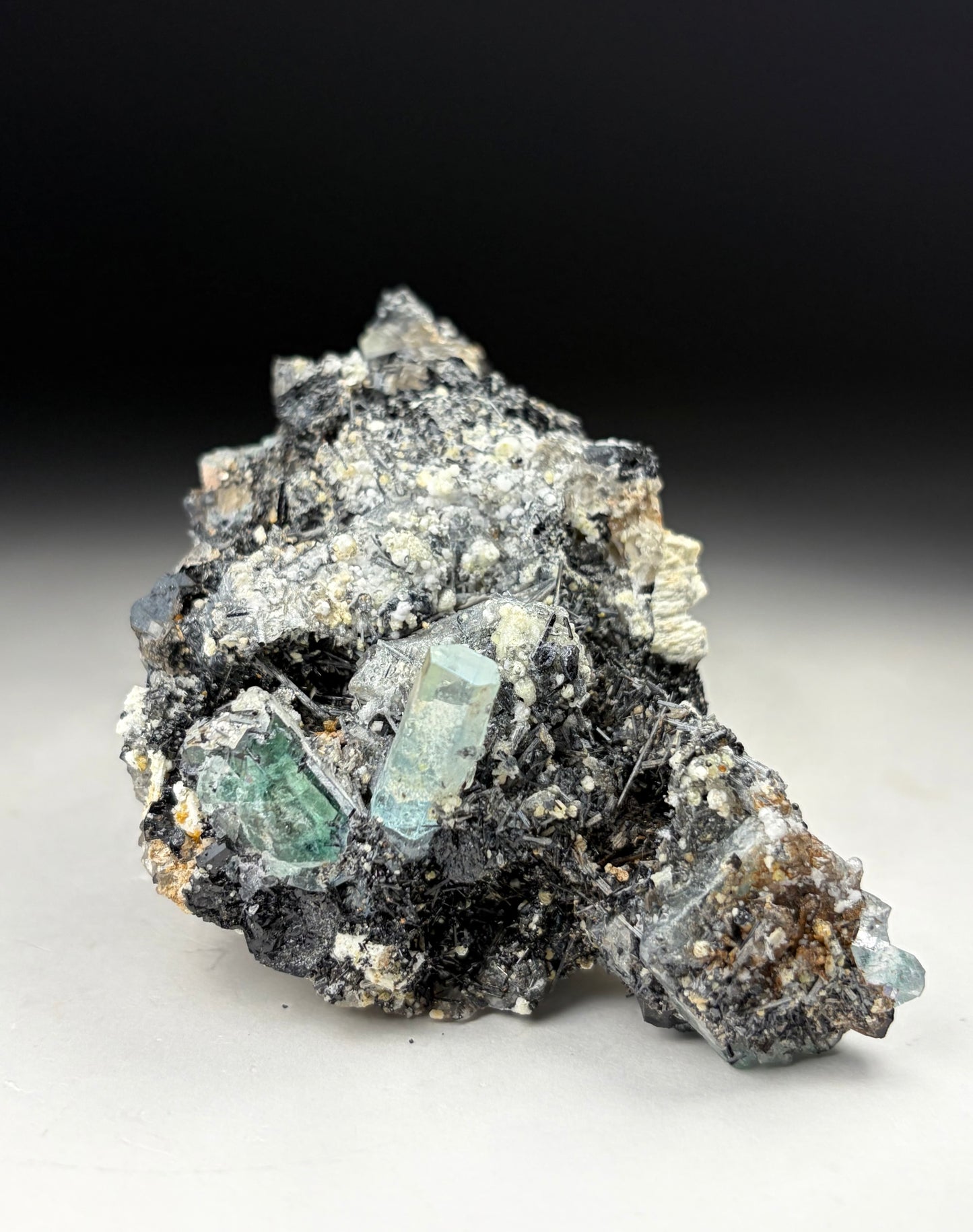 Aquamarine w/ Hyalite Opal on Black Tourmaline