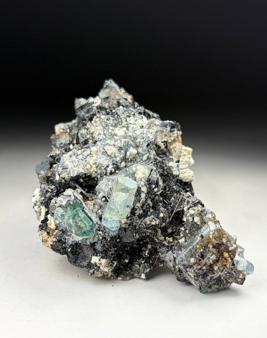 Aquamarine w/ Hyalite Opal on Black Tourmaline
